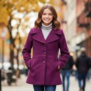 Jessica Simpson Medium $158 Plum Purple Wide Collar Button‎ Front Peacoat Jacket